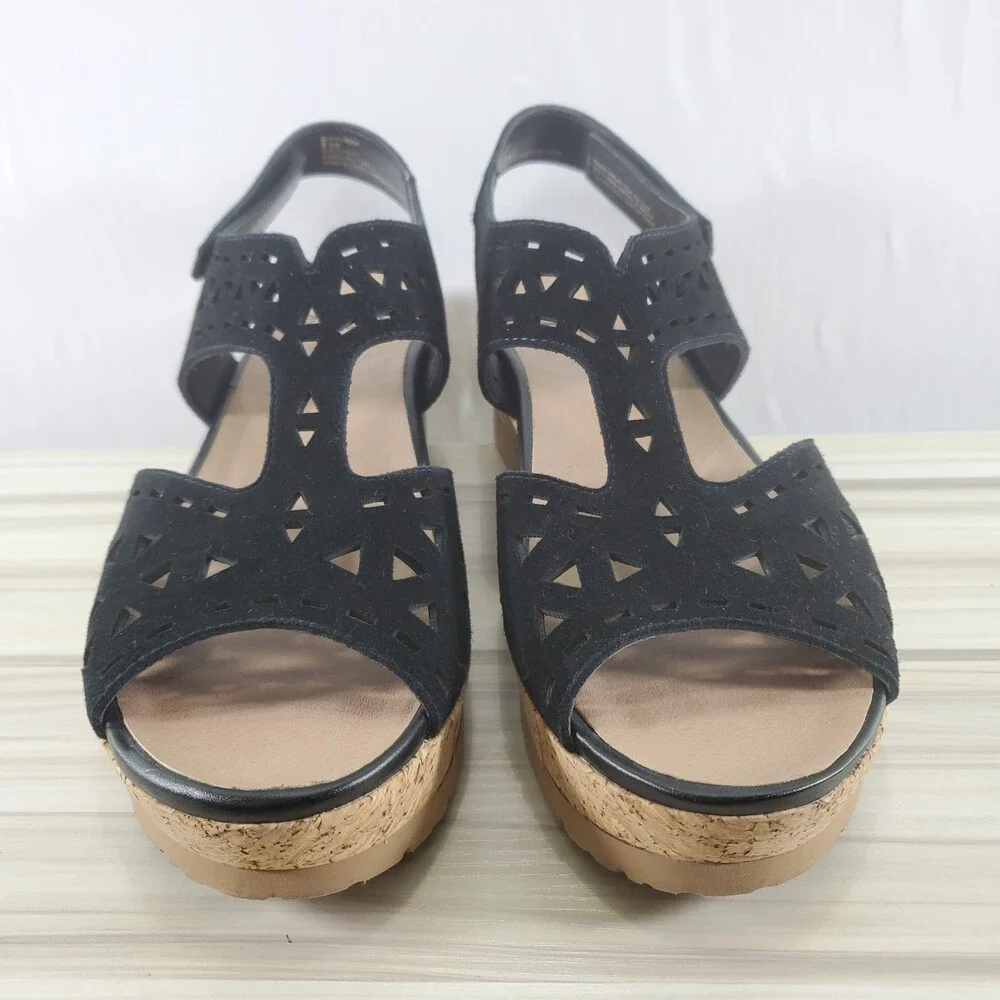 Earth Buran Rosa 8.5 Black Kid Suede Wedge Sandal T Strap Ankle Cork Cut Out